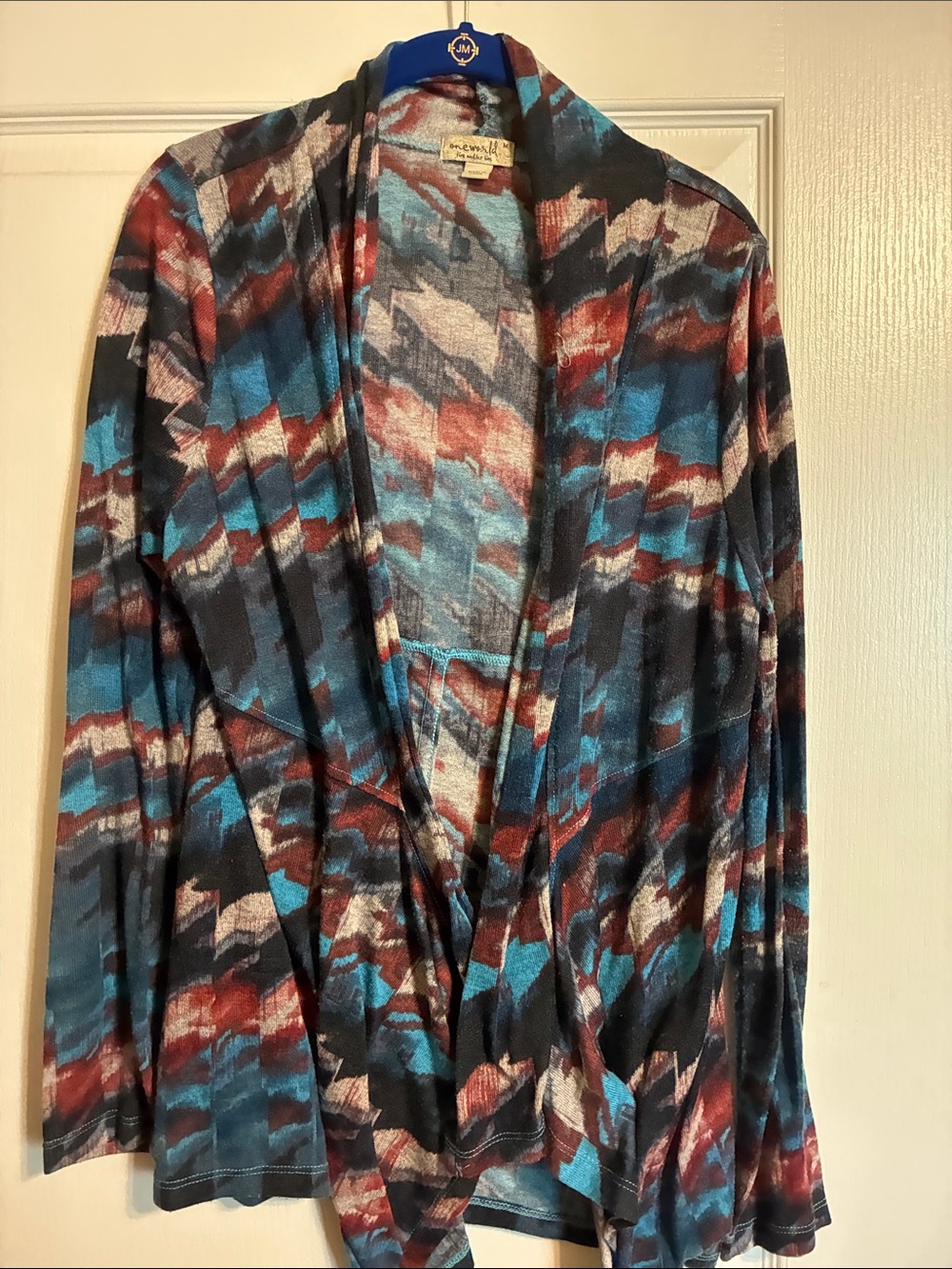 ONE WORLD Draped Open-Front Cardigan in Teal, Rust & Black